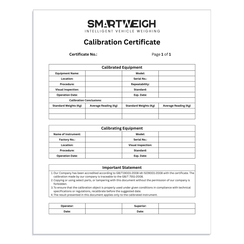 Wireless Weigh Pad Calibration Certificate Example